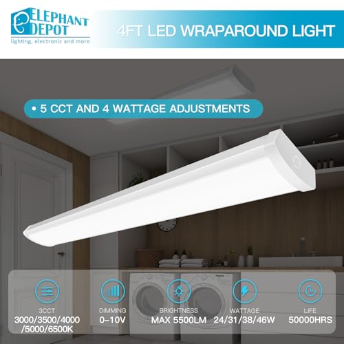 Image of 4PK 4FT LED Wraparound Light, 48 Inch Garage Ceiling Lights, 24 /31 /38 /46W, 5500LM, 3000-6500K 5CCT, 120-277V Hardwired 4FT Led Light Fixtures for Garage, Workshop,Closet,Shop,UL(0-10 v dimming!)