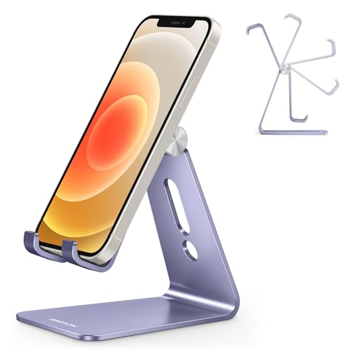 OMOTON Adjustable Cell Phone Stand, C2 Aluminum Desktop Cellphone Stand with Anti-Slip Base and Convenient Charging Port, Fits All Smart Phones, Haze Purple