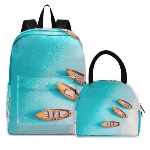 Backpack Lunch Bag Set Beautiful Beach Print, Big Storage Travel Backpacks with Insulated Lunch Box for Office Hiking Picnic