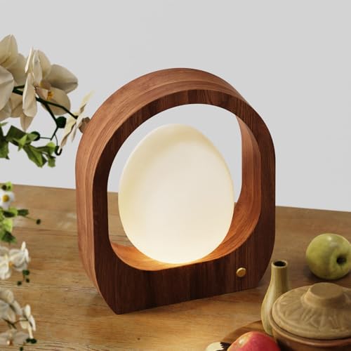 JESLED 5000mAh Vintage Walnut Wooden Table Lamp, Cordless Rechargeable Wood Lamp with Glass Shade, 3 Color Temps LED Dimmable Ambient Lighting, Small Retro Touch Bedside Light for Bedroom Decor