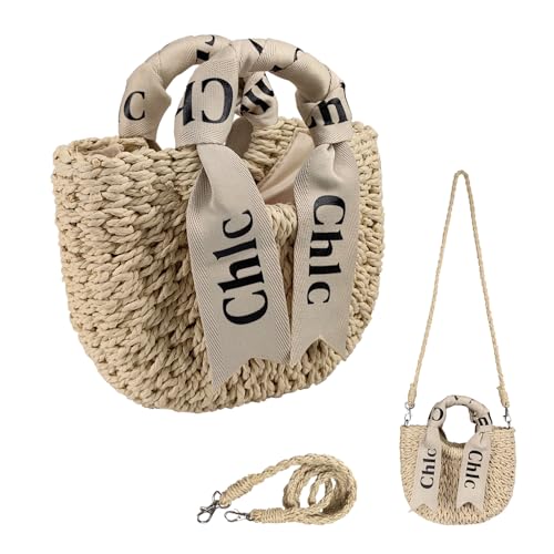 Czörvbag Bolsa de praia feminina de palha, bolsa de verão, bolsa de tecido, bolsas de palha, alça de ombro removível., Branco
