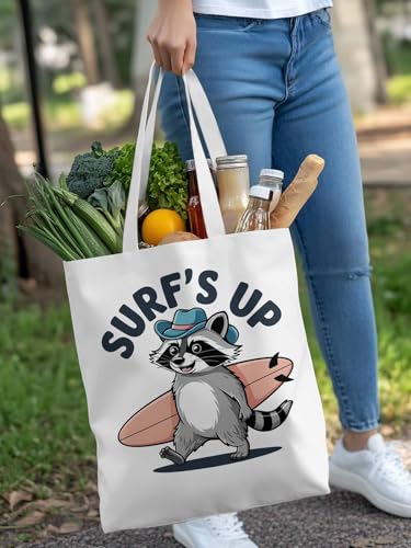 Canvas Tote Bags,Grocery Shopping Cloth Bag Small Raccoon Surfing Reusable Shoulder Bags Tote Bag for Travel Work Gym4