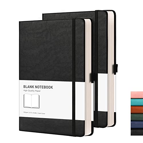 RETTACY Blank Notebook A5 Plain Notebook 2 Pack - 384 Pages Unlined Notebook with 100gsm Blank Paper, Pen Holder, Inner Pocket, for Sketch School Women Men 14.5 x 21cm - Black Black
