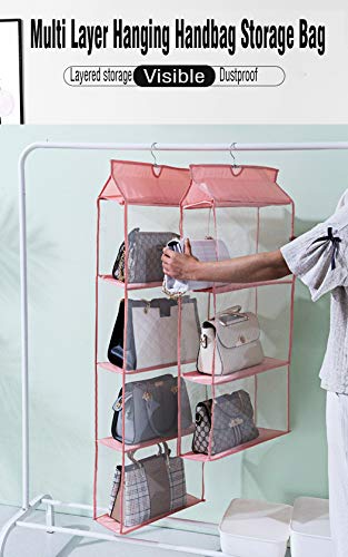 Aarainbow 2 Packs Hanging Clear Handbag Purse Organizer For Closet,Handbag Organizer With Hook,4 Easy Access Pockets,Wardrobe Closet Space Saving Organizers ,Washable,47.2 H X 15.7Lx 6.3W (Gray+Pink) #TOP5
