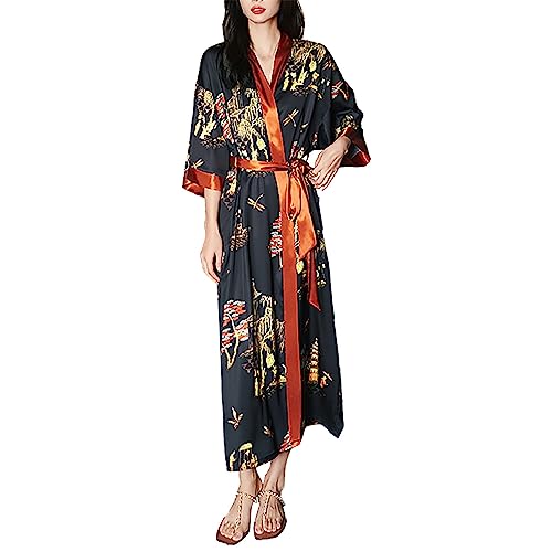 Peignoir de bain femme long au style kimono fleuri et finitions soignées