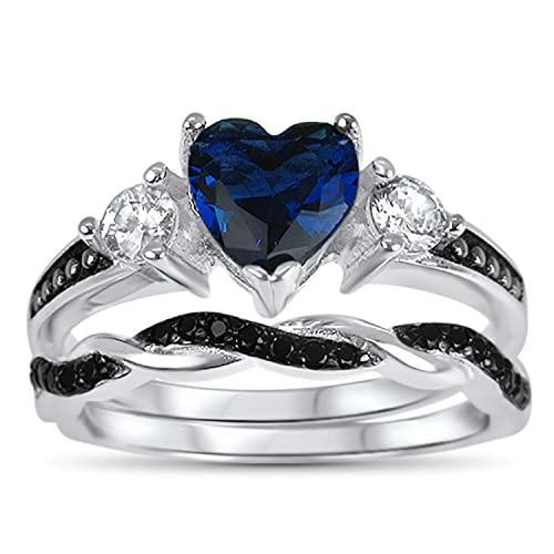 LaRaso & Co Sterling Silver Bridal Ring Set Simulated Sapphire Blue Heart Cut CZ Size 5 - Main Image