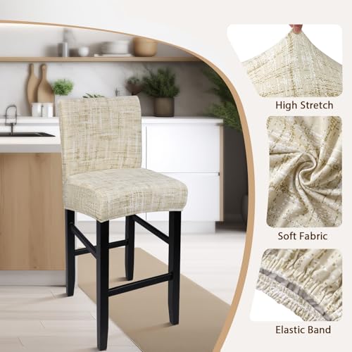 Image of SearchI Bar Stool Covers Set of 2, Stretch Washable Barstool Seat Covers, Counter Height Chair Covers for Kitchen Dining Room Cafe (Beige Linen-Look Print)