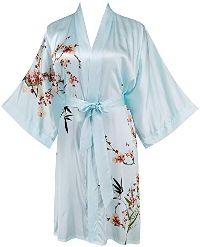 Ledamon Robe kimono courte 100% soie pour femme, Bleu clair., taille unique