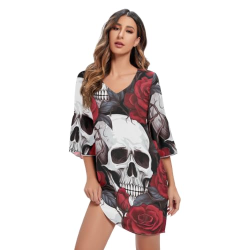 Robe courte en mousseline vintage skull et rose rouge à col en V