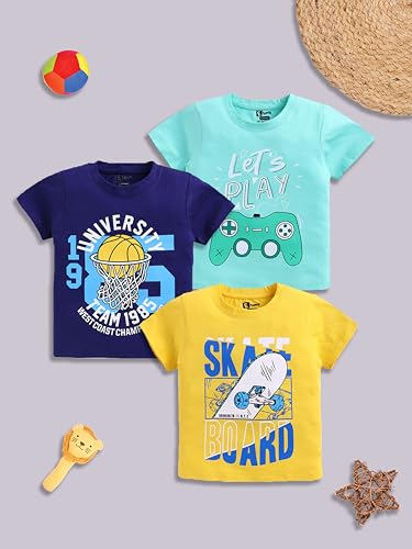 Image of Amazon Brand - Jam & Honey Boys Cotton Graphic Printed Half Sleeves T-Shirt | Regular Fit | Soft & Breathable (Available in Pack of 3 & Pack of 5) (2 to 8 Years)