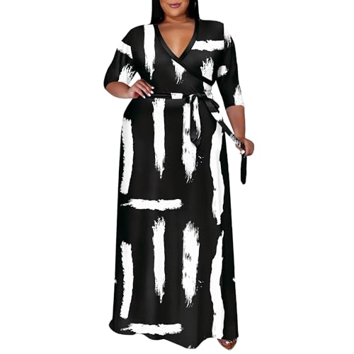 Image of Runwind Plus Size Dresses for Women Floral Maxi Dress Flowy 3 /4 Sleeve with Belt