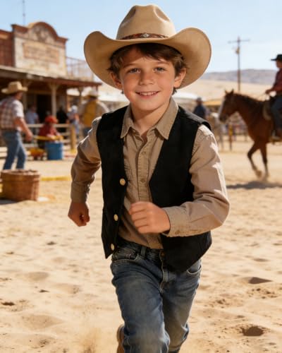Image of Retro Boys Western Cowboy Vest for Kids Leather Suede Waistcoat | vintage dress vests, welt pockets, v-neck, adjustable waist, formal slim fit, wedding outfit, farm christmas birthday prom