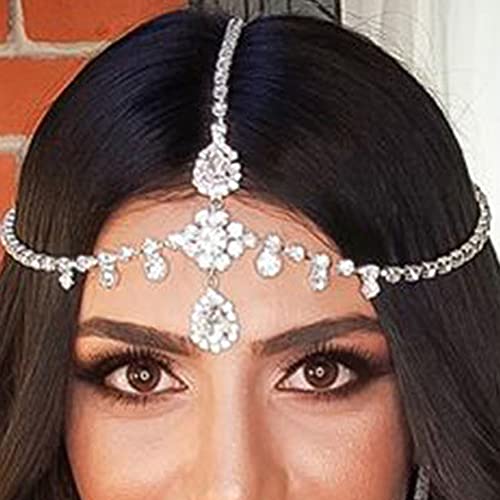 Missgrace Bohemian Women Bridal Dainty Shining Rhinestone Head Chain Gold Silver Waterdrop Head Chain Headband Boho Crystal Teardrop Headpiece Hair Jewelry Wedding Prom Party Halloween Festival Hair Accessories for Women Girls (Gold)
