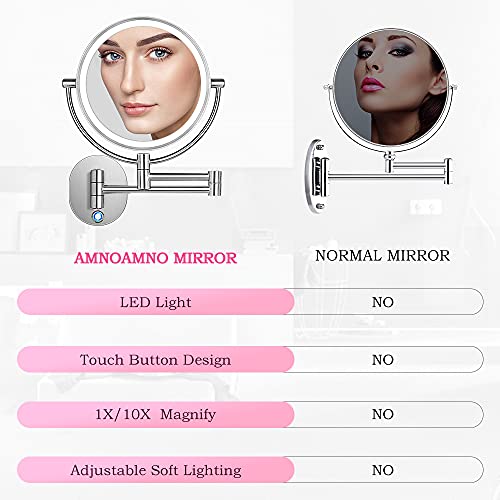 Amnoamno Led Wall Mount Makeup Mirror With 10X Magnification,8.5'' Double Sided 360° Swivel Vanity Mirror With 13.7" Extension And Adjustable Light For Bathroom Or Bedroom #TOP5