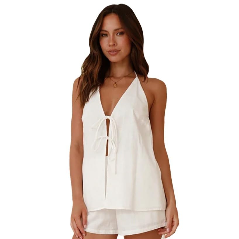 Women's Neck Hanging Sleeveless Set Cotton Linen 2-Piece Set V-Neck Backless Knotted high Waisted Shorts Y2K Vest