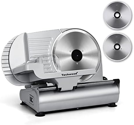 Meat Slicer, Techwood Electric Deil Food Slicer with Removable 9” Stainless Steel Blade, Deli Cheese Fruit Vegetable Bread Cutter with Adjustable Knob for Thickness, Food Carriage & Non-Slip Feet
