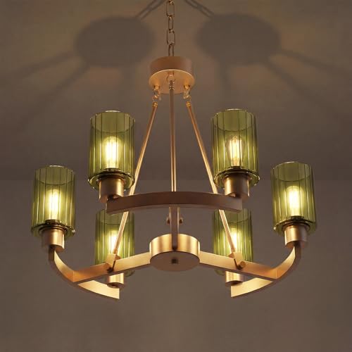 Virelite Modern Gold Chandelier 6-Light - 24 Olive Green Fluted Glass Pendant Light High-End Brass Hanging Ceiling Fixture for Dining Room Kitchen Island Living Room