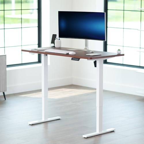 Image of VIVO Dark Walnut 55 x 28 in Standing Desk, DESK-KIT-1W55D | Electric, Holds 220 lbs, Sit Stand, Height Adjustable, Solid One-Piece Table Top, Memory Presets, 1B Series, White Frame