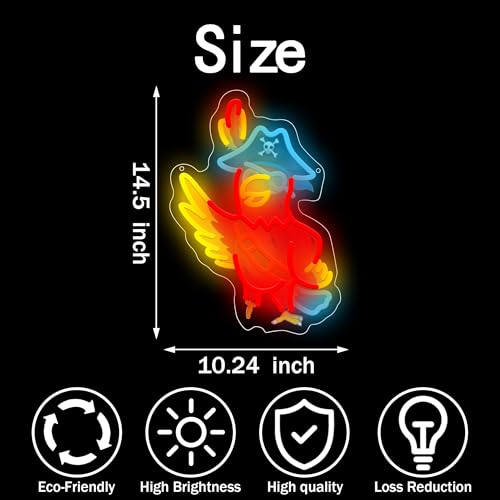 Image of Pirate Parrot Neon Sign, USB Powered LED Light for Room Decor | Parrot Wall Decor for Bedroom, Kids Room, Game Room, Halloween Party and Pirate Theme Gift