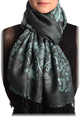 Châle pashmina feel vert calédon aux roses, le cadeau idéal