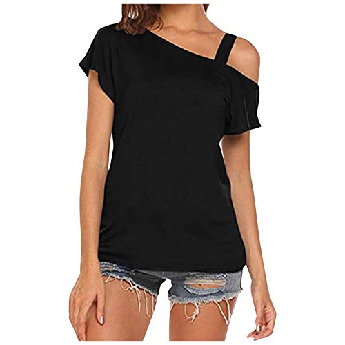 STKOOBQ Blusa feminina com ombro vazado, cor lisa, manga curta, suspensório, casual de verão, Preto,