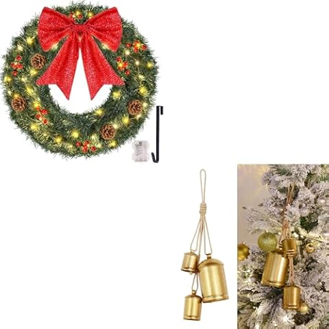 Christmas Wreaths for Front Door - 24inch Christmas Wreath with Lights 60led - 140pvc Tips Artificial Prelit Outdoor Christmas Door Wreath with Red Bows, Pine Cones Red Berries Hanger Cover