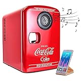 Coca-Cola 12V Portable Bluetooth Speaker Mini Fridge, AC/DC Power Cords Included, Compact Speaker and Personal Cooler/Warmer for Desk Office Dorm, Music-Lovers and Students
