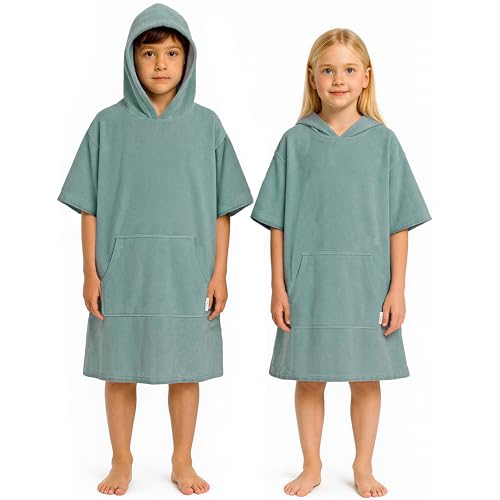 CalmyBEACH Leicht Frottee Badeponcho Kinder - Mädchen Jungen Baumwolle Poncho Handtuch Bademantel Badetuch Surf Strandponcho Kapuzenhandtuch 6-9 Jahre Jade