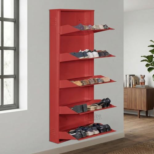 Image of DELITE KOM 24 Inch Wide, 5 Shelf Metal Shoe Rack Wall Mounted for Home with Central Lock Holds Upto 15 Shoes or 25 Slippers Pair | 1 Year Warranty | (67 x 24 x 5 Inch, Brick Red) DIY Space Saving