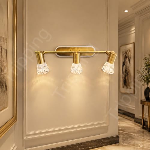 Image of TRIPPING 12W 3-in-1 LED Wall Lamp with 3 Adjustable Heads, Gold Metal Body and Crystal Shades, Warm White, Natural White & White Focus Light for Dressing Table, Mirror and Accent Walls, 50 x 15 x 7 cm