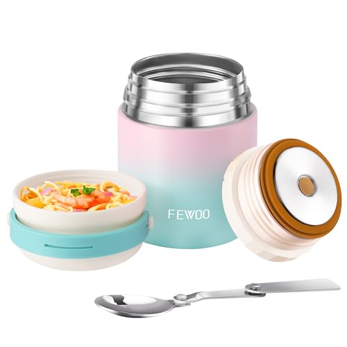 FEWOO Soup Flask, 400ml Vacuum Insulated Food Jar for Hot Cold Food, Leak Proof Soup Containers for Kids and Adults (Blue-Pink-Blue)