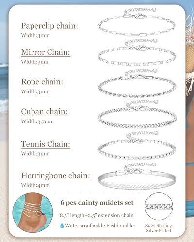 Image of Besteel Ankle Bracelets for Women Waterproof - 14K Gold Plated Non Tarnish Layered Cuban Link Chain Rope Figaro Herringbone Anklets Set Plus Size Anklet Summer Foot Jewelry Gift Adjustable 8-12 Inch