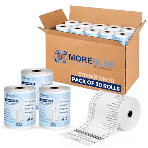 Image of MOREBLUE Credit Card, Food Bills Direct Thermal Receipt Paper Roll, Pack of 30 57mm(2 inch) x 15 Meter, Ink Free Print for POS, Credit Card Machines, & Petrol Pumps