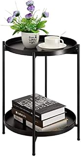 Round Side Table, HollyHOME 2-Tier Metal Tray End Table, Snack Table Coffee Table Tea Table Nightstand Sofa Table for Living Room Bedroom Balcony Patio, Black