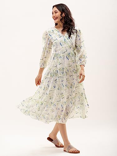Image of AASK Abstract Printed Puff Sleeve Gathered Detailed Fit Flare Dress
