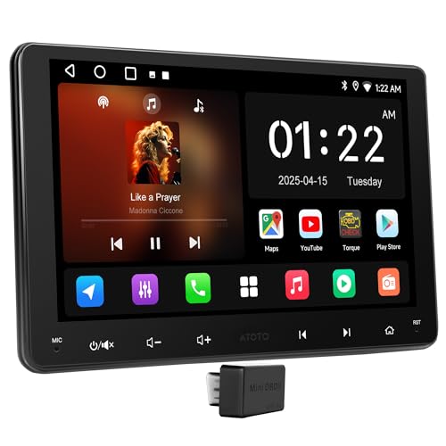ATOTOEXCEL 9inch Android Double Din Car Stereo with OBD2 Scanner, Wireless CarPlay & Android Auto, Wi-Fi/Bluetooth/USB, GPS Tracking, 24B EQ&DSP, Built-in AMP, HD LRV, Mirror Link