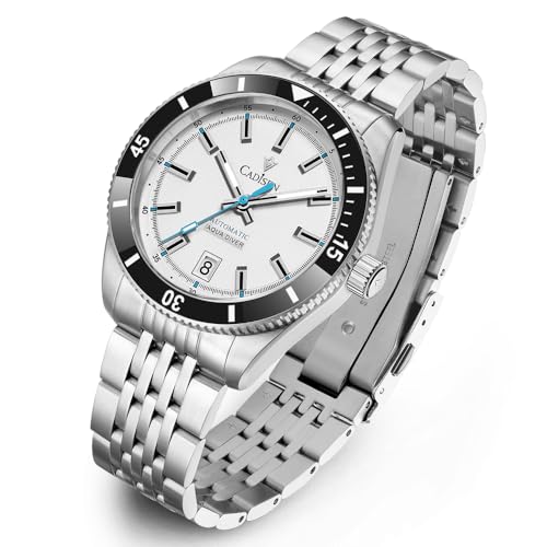CADISEN Men’s Automatic NH35A Mechanical Watch Stainless Steel Band 100M Waterproof Casual Watches for Men (White)