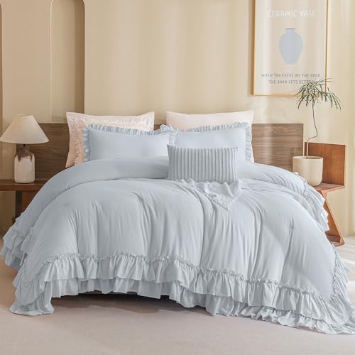 Image of Queen's House Light Blue Ruffled Comforter Set Queen Size, Lightweight Microfiber Inner Fill Fluffy Country Rustic Coquette Bedding