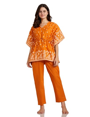 Image of Amazon Brand - Myx Women's Cotton Kaftan Top and Pajama Night Suit Set (Available in Plus Sizes)