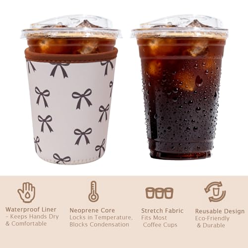 Image of Reusable Insulated Sleeve for Iced Coffee Cup, Coffee Neoprene Sleeve for Cold & Hot Drinks, Beverage Holder for Iced Coffee (Cream Bow, Small: 16-18oz)