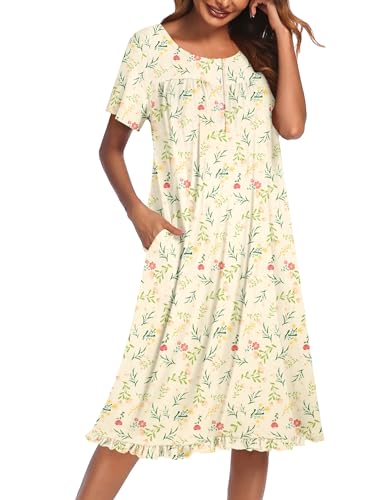 Image of Ekouaer Nightgowns for Women with Pockets Button Front Short Sleeve House Dresses Floral Print Mumu Dress