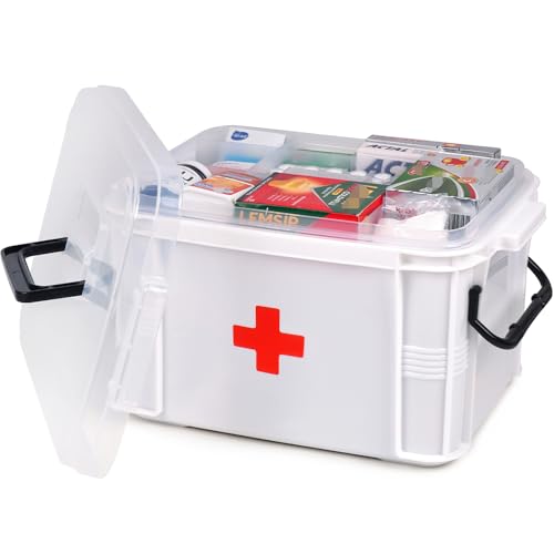 HEY FOLY 15qt White Medicine Organizer Storage Box with Tray, Plastic First Aid Box Empty, Thickened Medicine Container Chest, Multipurpose Medical Case with Labels, Medicine Caddy with Lids Handles
