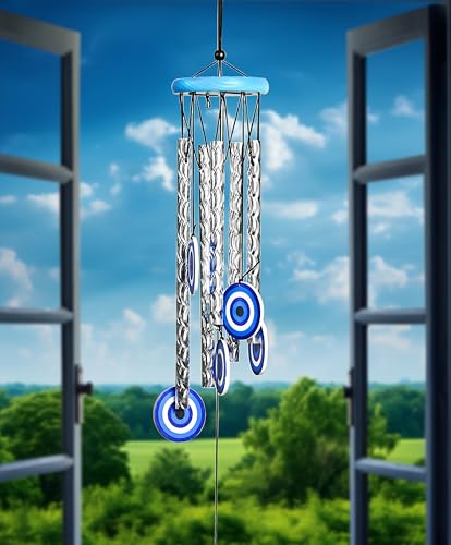 Image of ZAICUS 27-Inch Turkish Evil Eye Wind Chimes - Metal Hanging Decor for Home, Balcony, Living Room & Entrance - Positive Energy & Housewarming Gift for Women (Blue)