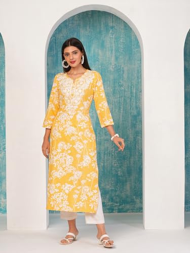 Image of GoSriKi Women's Cotton Blend Chikankari Embroidered Straight Kurta