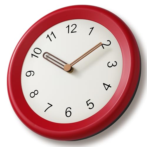 Image of Mosewa 10 Inch Red Wall Clock Silent Non-Ticking Quartz Battery Operated Analog Clock with Wood Hands, Easy to Read Minimalist Round Clock for Kitchen Living Room Bedroom Office