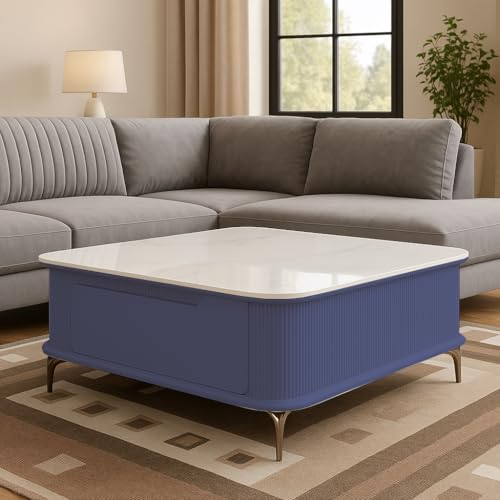 Image of WOODEN SPACE Premium Solo Marble-Top Wooden Center Table for Living Room | Iron Legs | PVD Coating | Modern Entryway Furniture | Coffee Table (Light Blue, 42x42x18 Inch)