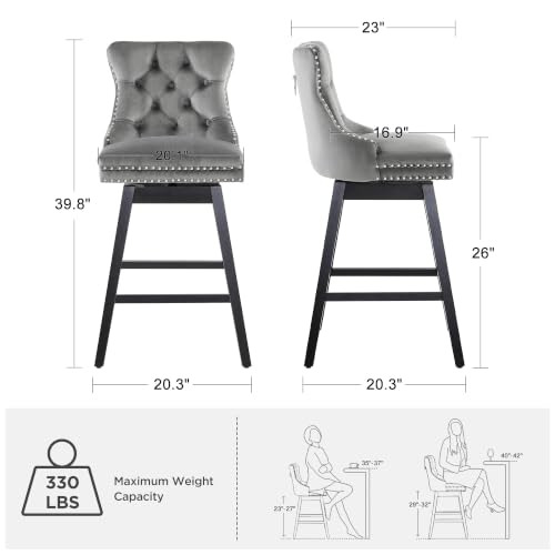 Image of Grey Swivel Bar Stools, Velvet Counter Height Bar Stools Set of 3 | 360 Swivel Bar Chairs, Solid Wood Legs, Upholstered Kitchen Island Stools, Modern Extra Wide Seat (Grey, 26 inch H, 3 Pack)