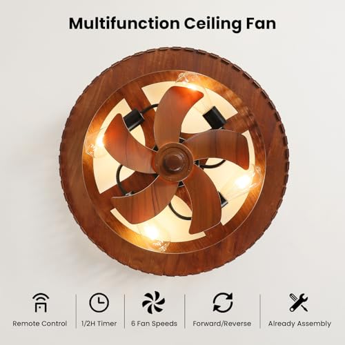 Image of 20 inch Farmhouse Flush Mount Ceiling Fan with Light, Low Profile Wooden Fandelier Ceiling Fan with Remote, 6 Speed Reversible Caged Ceiling Fans with Lights for Bedroom Kitchen Living Room