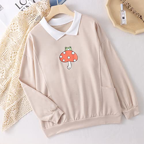 Cm C&M Wodro Women Frog Sweatshirt Kawaii Mushroom Cute Oversize Pullover Hoodie Teen Girl Aesthetic Cottagecore Clothes Pocket Tops (Small, Beige) #TOP1