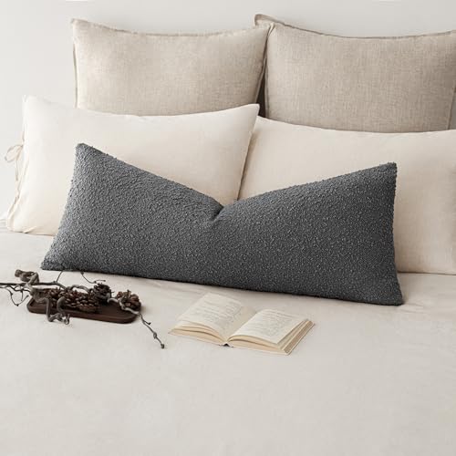 Image of Foindtower Decorative Textured Boucle Throw Pillow Covers Accent Solid Pillow Cases Neutral Long Body Lumbar Couch Cushion Case for Chair Sofa Bedroom Living Room Home Decor 14x36 Inch,1PC,Dark Grey